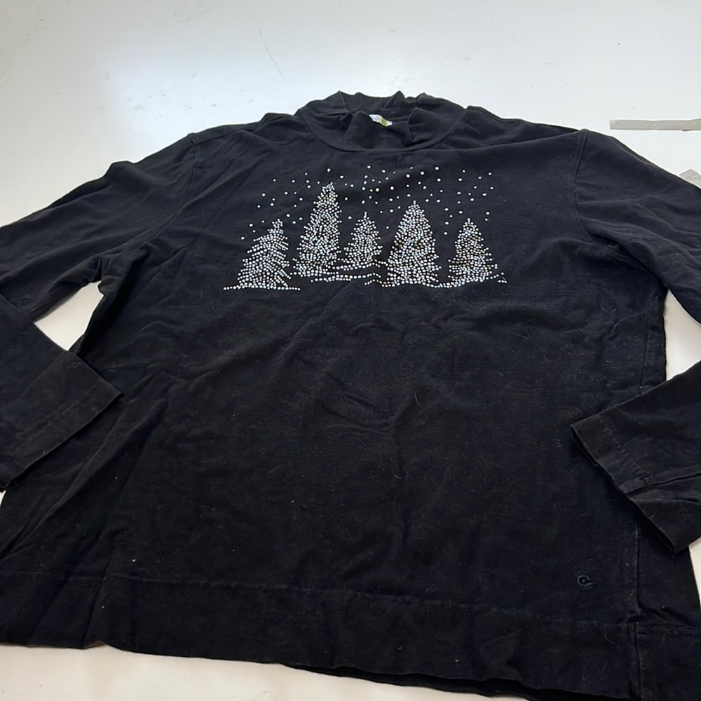 Izod Large Black Long Sleeve Mock Neck Bedazzled Christmas Tree Shirt